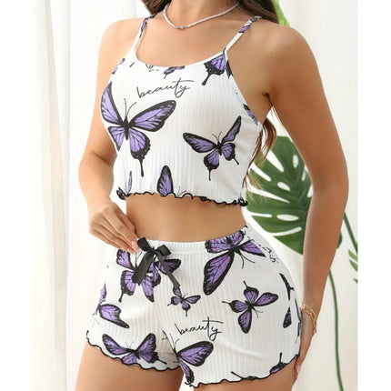Butterfly Print Suspender Shorts Comfortable Casual Suitable For Daily Wear Ladies' Homewear