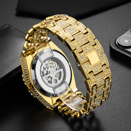 Full Diamond Hip Hop Cuban Link Chain Stitching Hollow Automatic Mechanical Watch