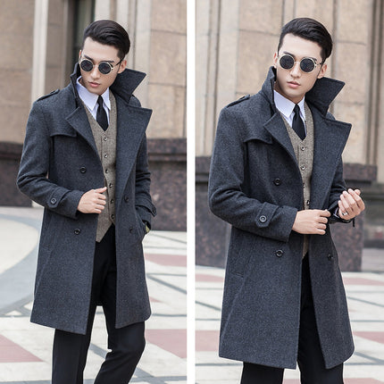 Woolen Striped Double Breasted Thickened Warm Young And Middle-aged Coat Windbreaker