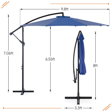9.8FT Offset Patio Umbrella Hanging Cantilever Umbrella Outdoor Sun Shade With Easy Tilt Adjustment, 8 Ribs, UV Protection For Backyard, Lawn