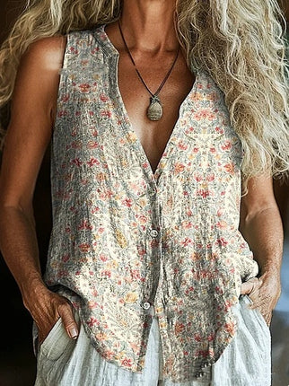 Spring New Trendy Button Vest Vintage Floral V-neck Shirt
