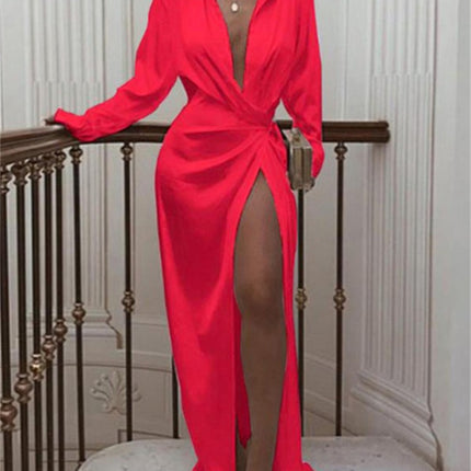 Women's Lace-up Slit Long-sleeved Dress