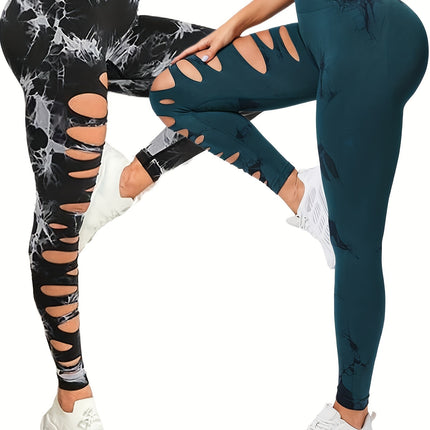 2 Pack Hollow Sexy High Elastic Women's Tie Dye Cutout Tights High Waist Workout Yoga Leggings, Scrunch Butt Lifting Elastic Pants, Tummy Control Butt Lifting Workout Yoga Athletic Pants