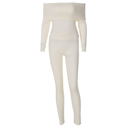 European And American Solid Color Rib Long Sleeve Off-shoulder Slim Trousers Two-piece Set