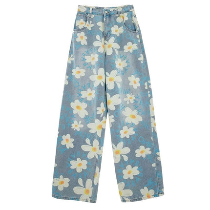 New Summer Printed Floral Wide-leg Washed Jeans For Women