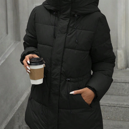 Casual Adjustable Waist Quilted Mid-Length Hooded Padded Padded Coat Clothes Winter For Women