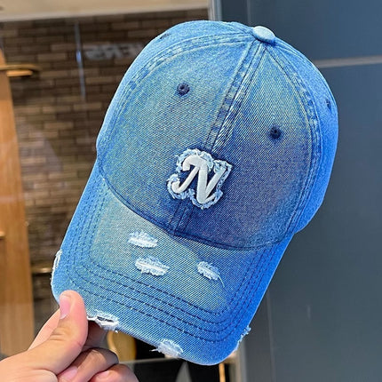 Embroidered Denim Letter Baseball Women's Ripped Peaked Cap Sun Hat