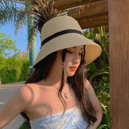 Straw Hat Women's Sun Hat With Foldable Bow And Ribbon Big Brim Hat
