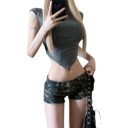 American Retro Washed Single Button Denim Shorts