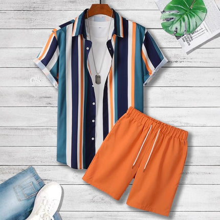 Striped Contrast Color 3D Printing Vacation Shirt Shorts 2 Pieces Suit
