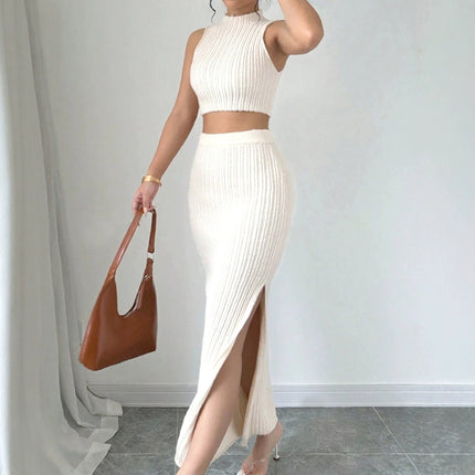 Knitted Sweater Round Neck Vest And Split Skirt Two-piece Set