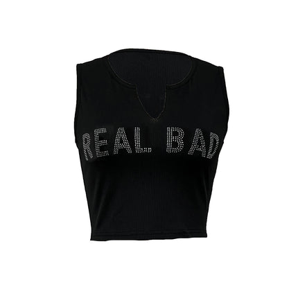 Ladies' Fashionable Rhinestone Letter Decoration Sexy Top Basic Versatile Vest