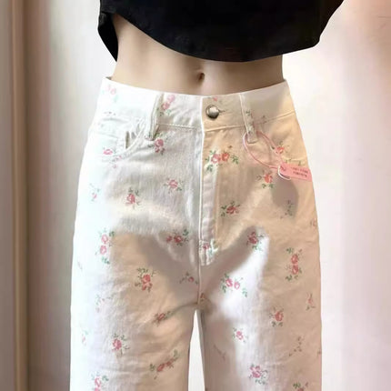 White Floral Slimming Loose Wide-leg Pants
