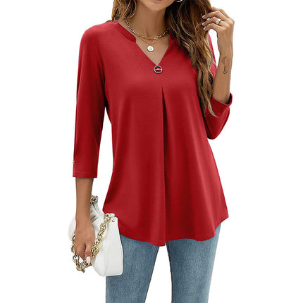Casual And Comfortable Solid Color And V-neck Clinch Loose Three-quarter-length-sleeved T-shirt Top For Women