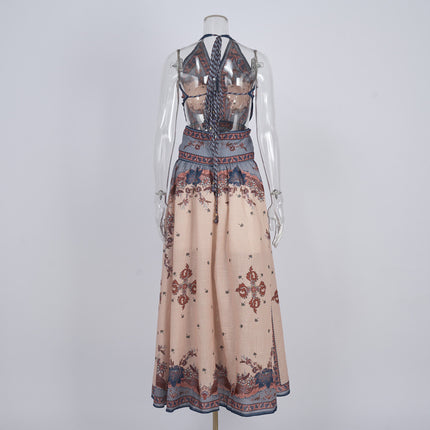 Niche Design Printed Old Money Style Halter Spaghetti Straps Dress