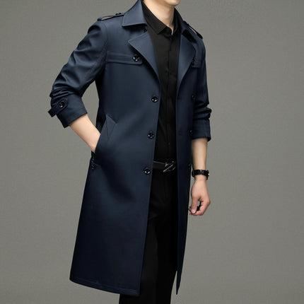 Double Breasted Men's Long Trench Coat Business Casual Lengthened