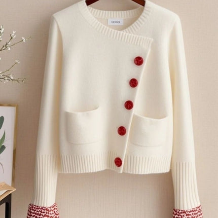Design Sense Outer Wear Diagonal Buckle White Sweater Coat