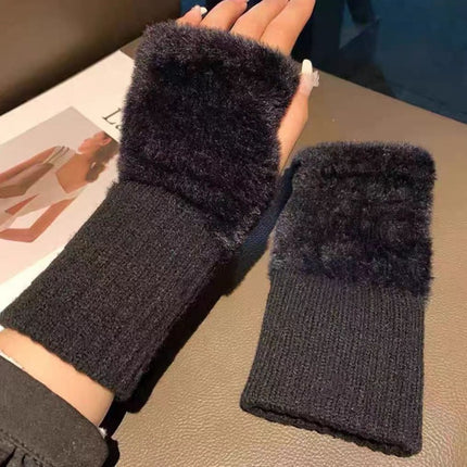 Plush Spliced Knitted Gloves, Fashionable Solid Color Fingerless Gloves With Thumb Holes, Soft And Multi-functional Writing Gloves For Cold Protection In Autumn And Winter