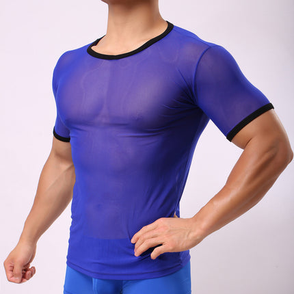 Men's Solid Color Sexy Mesh Transparent Short-sleeved T-shirt