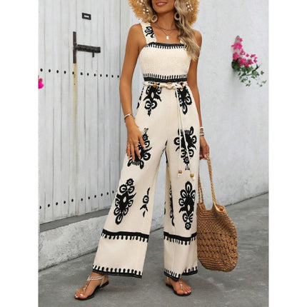 Women's Summer Boho Jumpsuits One Piece Beach Vacation Outfits Shirred Strap Wide Leg Pants Rompers With Pockets