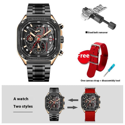 Fashion Square Watch Multi-functional Trendy All-match Good-looking Luminous Quartz