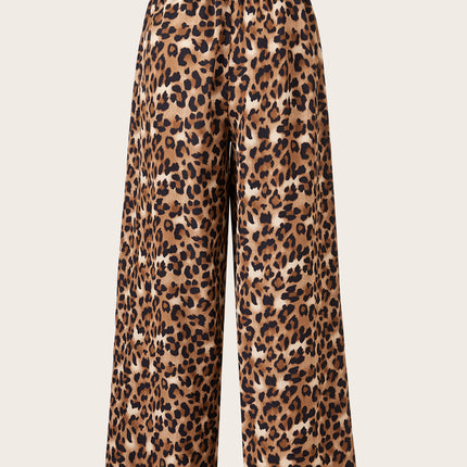 Women's Plus Size Leopard Print Wide Leg Pants - Elastic Waist, Loose Fit Casual Straight Leg Trousers For Spring Summer Fall, Lightweight Polyester Blend, Perfect For Beach Or Outdoor Outings