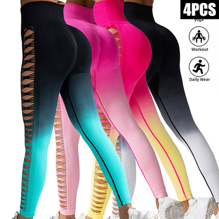 4 Pack Cut Out Ombre Gradient Color Hollow High-waist Butt-lifting Fitness Women's Yoga Pants, Women's High Waist Yoga Pants Cutout Ripped Super Soft And Comfortable Skinny Leggings