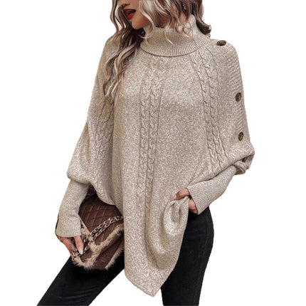 Turtleneck Buttons Decorative Long Sleeve Batwing Shirt