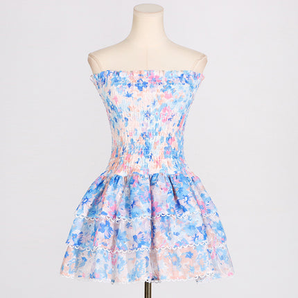 Seaside Beach Vacation Tube Top Floral Print Slim Fit Ruffled Dress