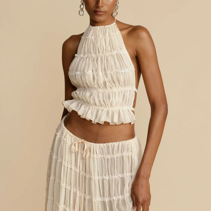 2pcs Women's Dress Suit Sexy Sleeveless Backless Cropped Halter Top And Pleated Long Skirt Beach Clothing