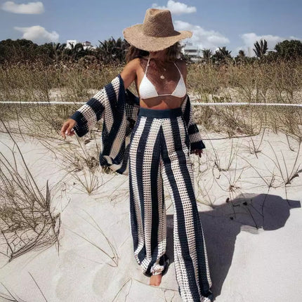 Women's Fashion V-Neck Hollow Out Striped Shirt Loose Knit Wide Leg Pants Set