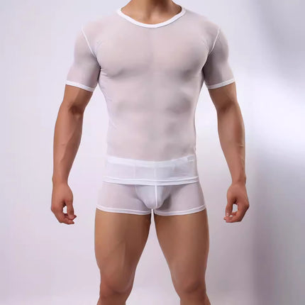 Men's Solid Color Sexy Mesh Transparent Short-sleeved T-shirt
