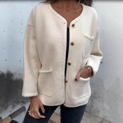 Women's Round Neck Long Sleeve Woolen Coat