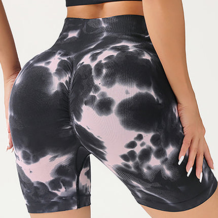 High Waist Tummy Control Yoga Shorts For Women, Tie-Dye Ruched Booty Lifting Workout Fitness Shorts, Hip Lifting Sports Activewear, Gym Exercise Running Shorts