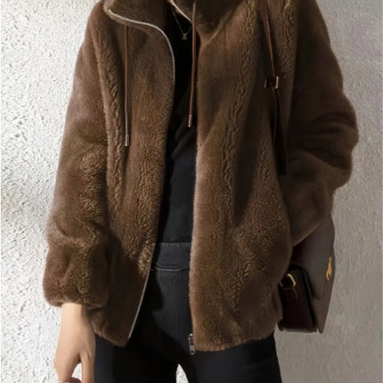 Drawstring Teddy Coat Casual Zip Up Long Sleeve Warm Outerwear Women's Clothing