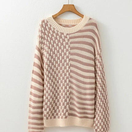 Khaki Stripe Checkerboard Drop Shoulder Balloon Sleeve Sweater