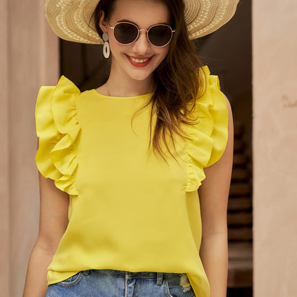 Round Neck Sleeveless Shirt Ruffle Sleeve Pleated Elegant Lady