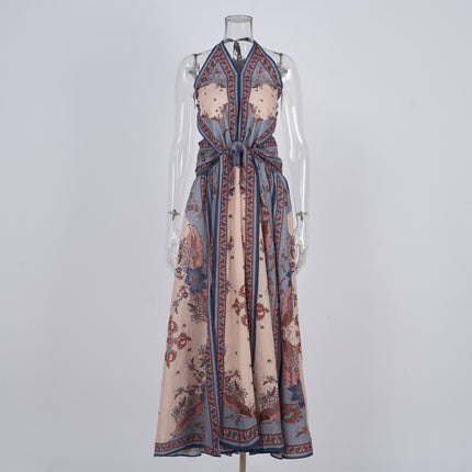 Niche Design Printed Old Money Style Halter Spaghetti Straps Dress