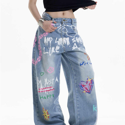 Waist Chain Printed Jeans Women's Straight Wide-leg Pants