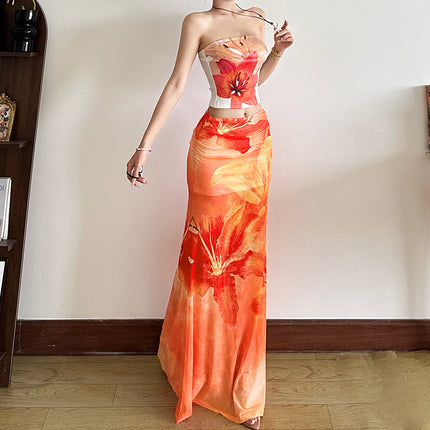 Vacation Style Printed Semi See-through High Waist Slim Skirt