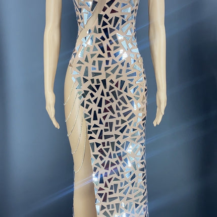Shining Mirrors Sexy Sleeveless Backless Party Dress With Neck High Slit