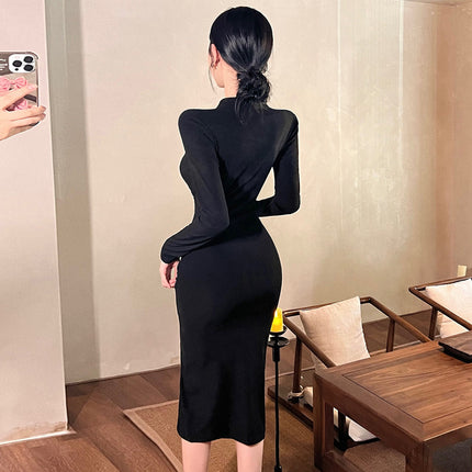 European And American Sexy Hot Girl Long Sleeve Hollow-out Cinched Split Hip Dress
