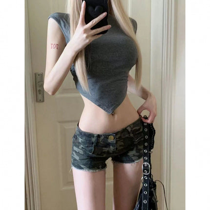 American Retro Washed Single Button Denim Shorts