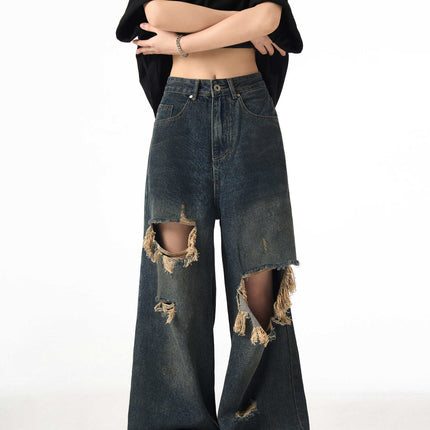 Couple Hole Worn Jeans Wide-leg Pants