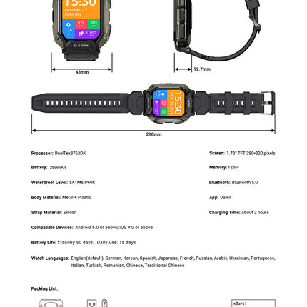 Outdoor Smart Watch 5ATM IP69K Waterproof Bluetooth