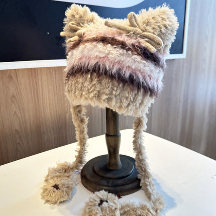 Fashion Striped Bow Plush Earmuffs Hat Women