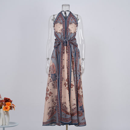 Niche Design Printed Old Money Style Halter Spaghetti Straps Dress