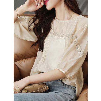 Design Sense Puff Sleeve Shirt Women's Lace