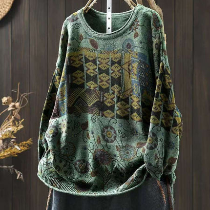 Women's Vintage Printed Cotton Knitted Sweater Round Neck