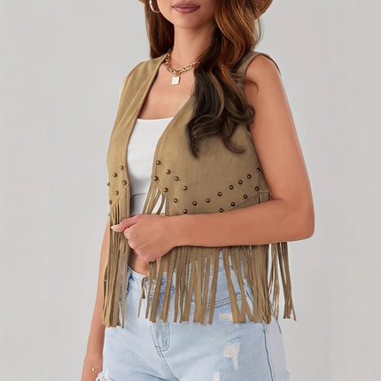 Women's Sleeveless Suede Fringed Jacket Cardigan